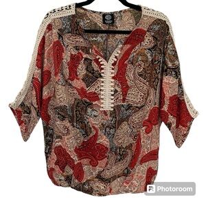 BOBEAU Women’s Boho Blouse Crochet Trim Rust/Blk/Brown Paisley Blouson Waist M